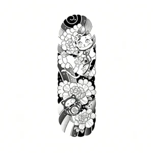 Lucky Cat Daruma Peony Arm Tattoo Sticker
